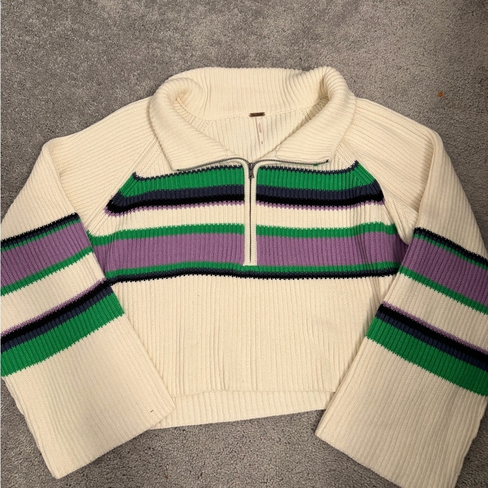 Free People Cream Cropped Turtleneck Sweater with Green & Purple Stripes - Picture 2 of 5